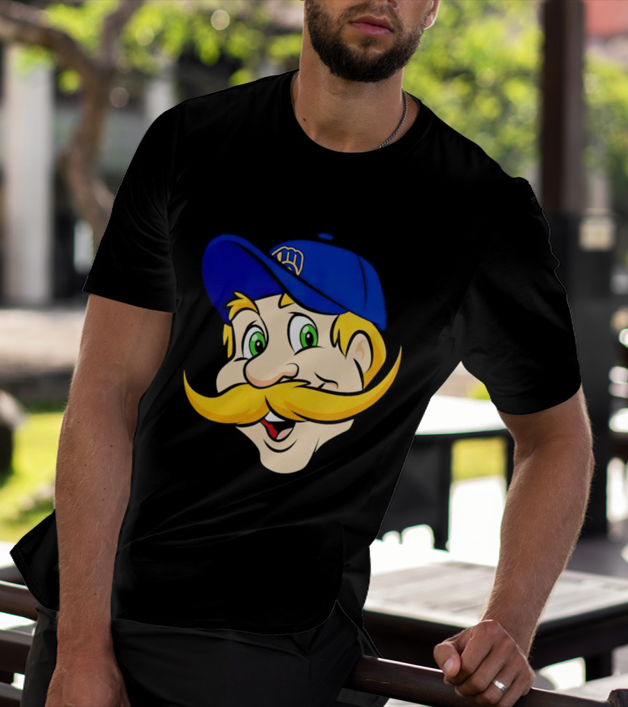 Milwaukee Brewers Big Face Mascot With Blue Cap And Mustache T-Shirt