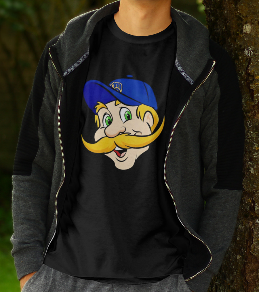 Milwaukee Brewers Big Face Mascot With Blue Cap And Mustache T-Shirt