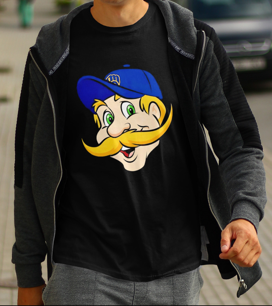 Milwaukee Brewers Big Face Mascot With Blue Cap And Mustache T-Shirt