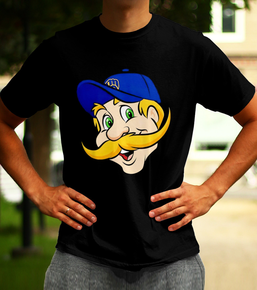 Milwaukee Brewers Big Face Mascot With Blue Cap And Mustache T-Shirt