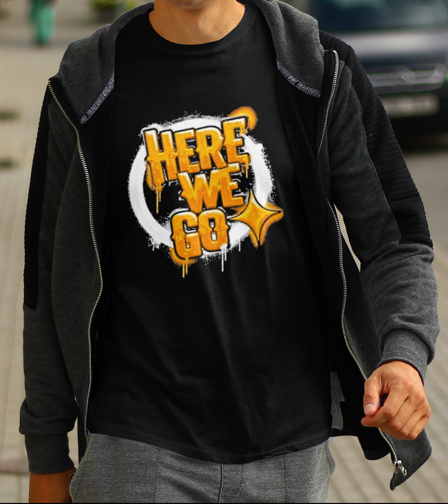 Pittsburgh Steelers Here We Go Yellow Graffiti Text With Star T-Shirt