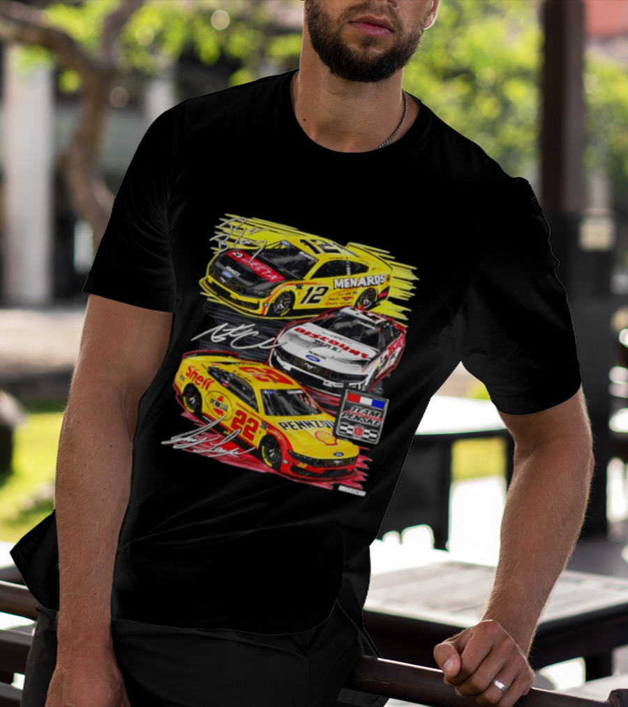 Team Penske 60th Anniversary NASCAR Racing Cars With Menards Shell Pennzoil Discount Tire Sponsors And Driver Signatures T-Shirt