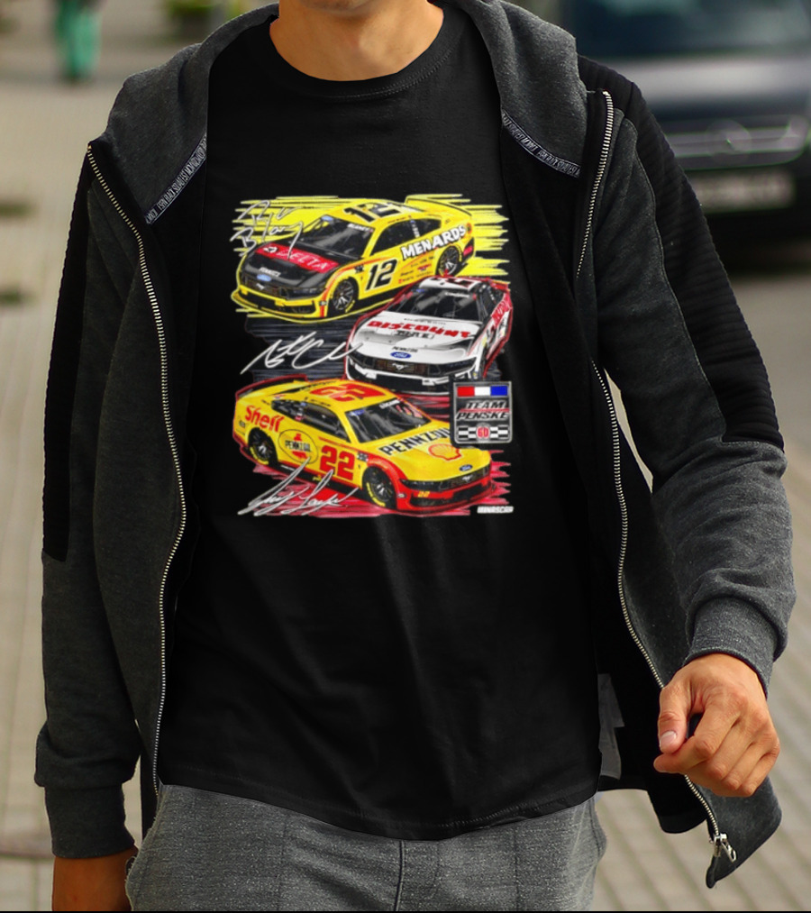 Team Penske 60th Anniversary NASCAR Racing Cars With Menards Shell Pennzoil Discount Tire Sponsors And Driver Signatures T-Shirt