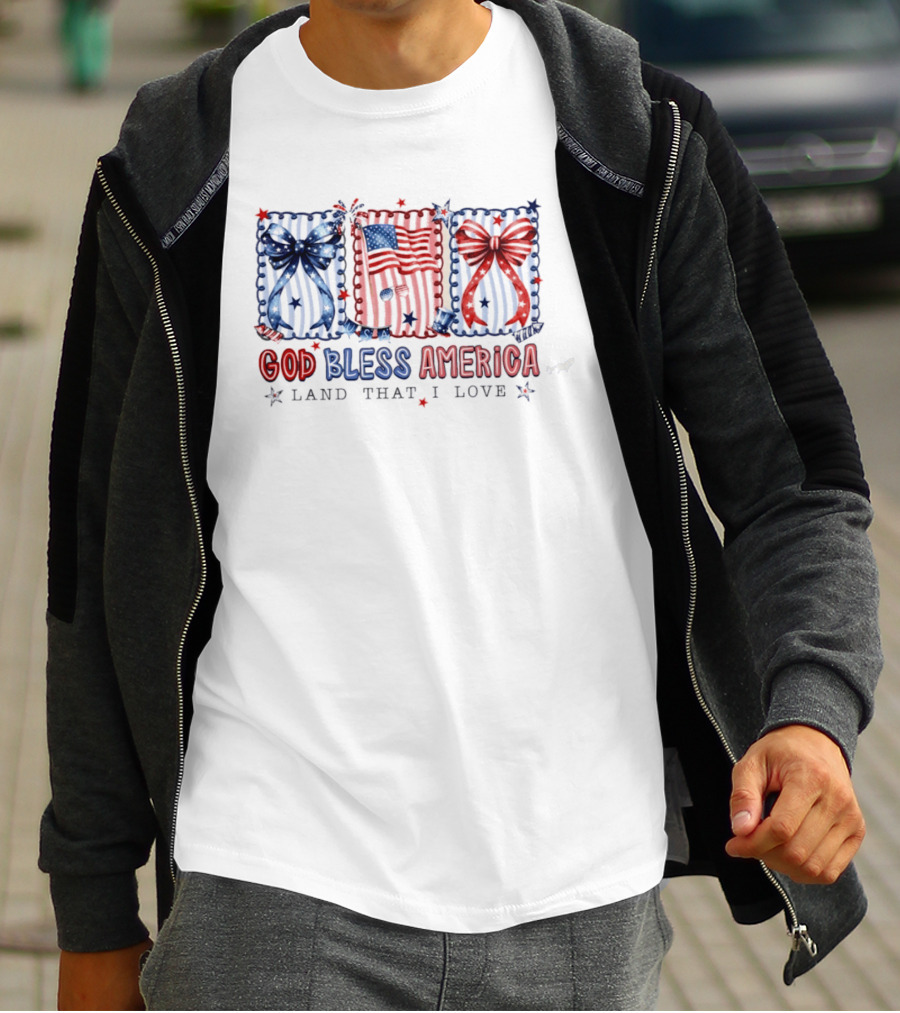 Coquette God Bless America Land That I Love Patriotic Fourth Of July Bows And Flags T-Shirt