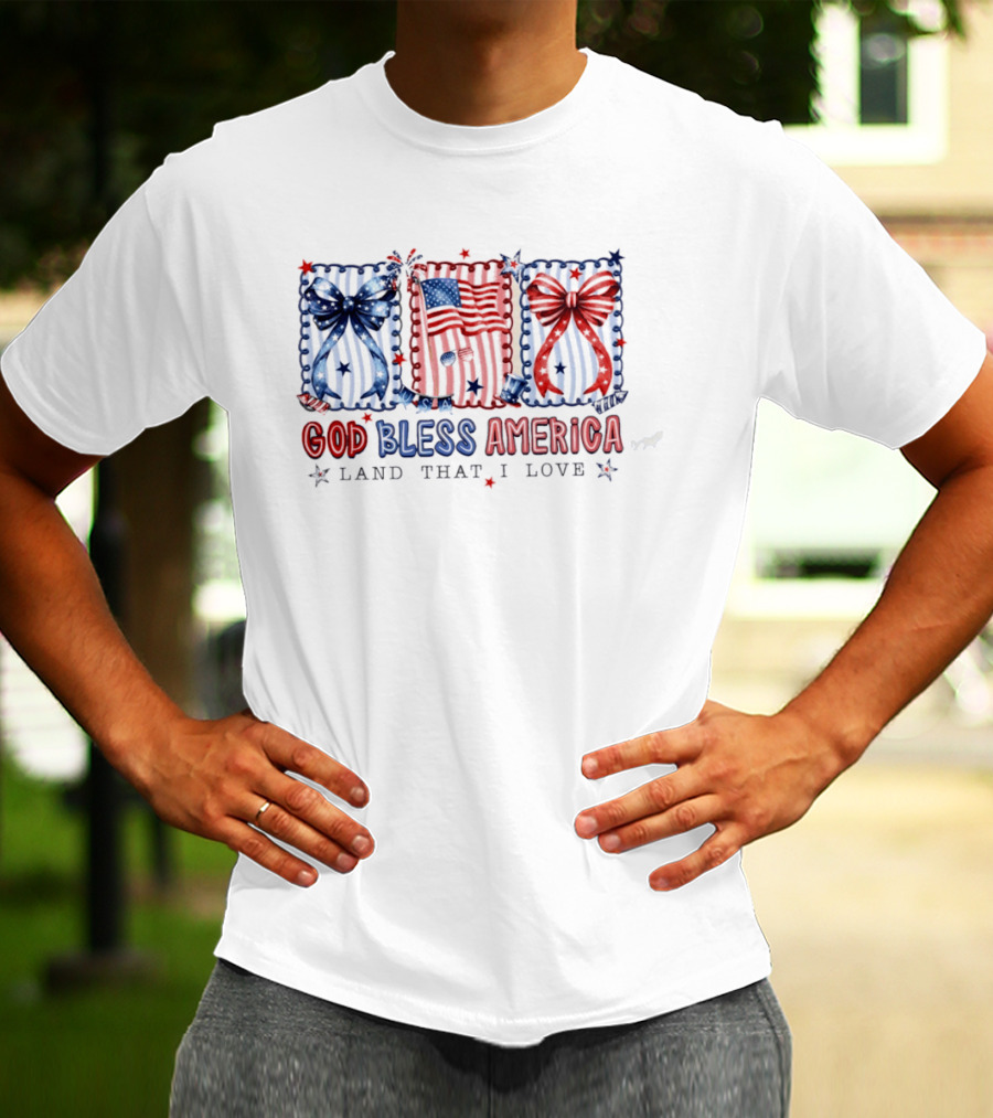 Coquette God Bless America Land That I Love Patriotic Fourth Of July Bows And Flags T-Shirt