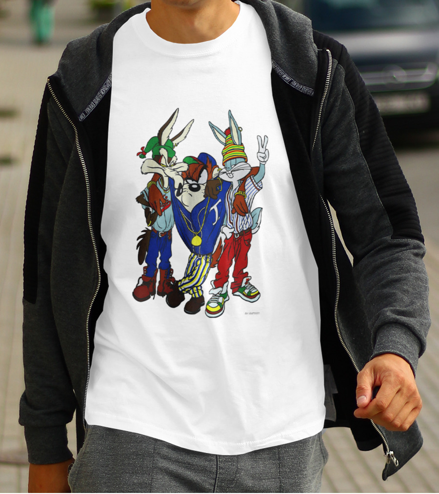 Rare Looney Tunes Hip Hop Bugs Taz Wile E Coyote Peace Sign Pose T-Shirt