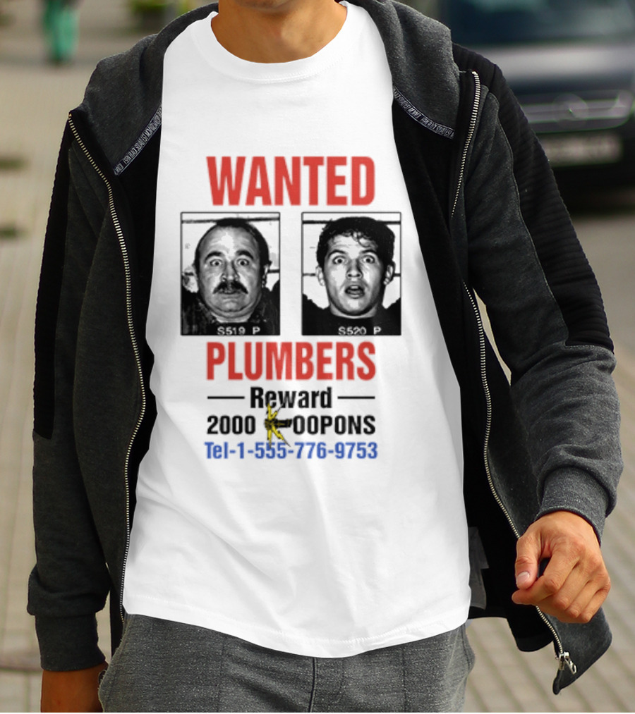 Wanted Plumbers 1993 Super Mario Bros Reward 2000 Koopa Coins Call 1 800 770 8762 T-Shirt