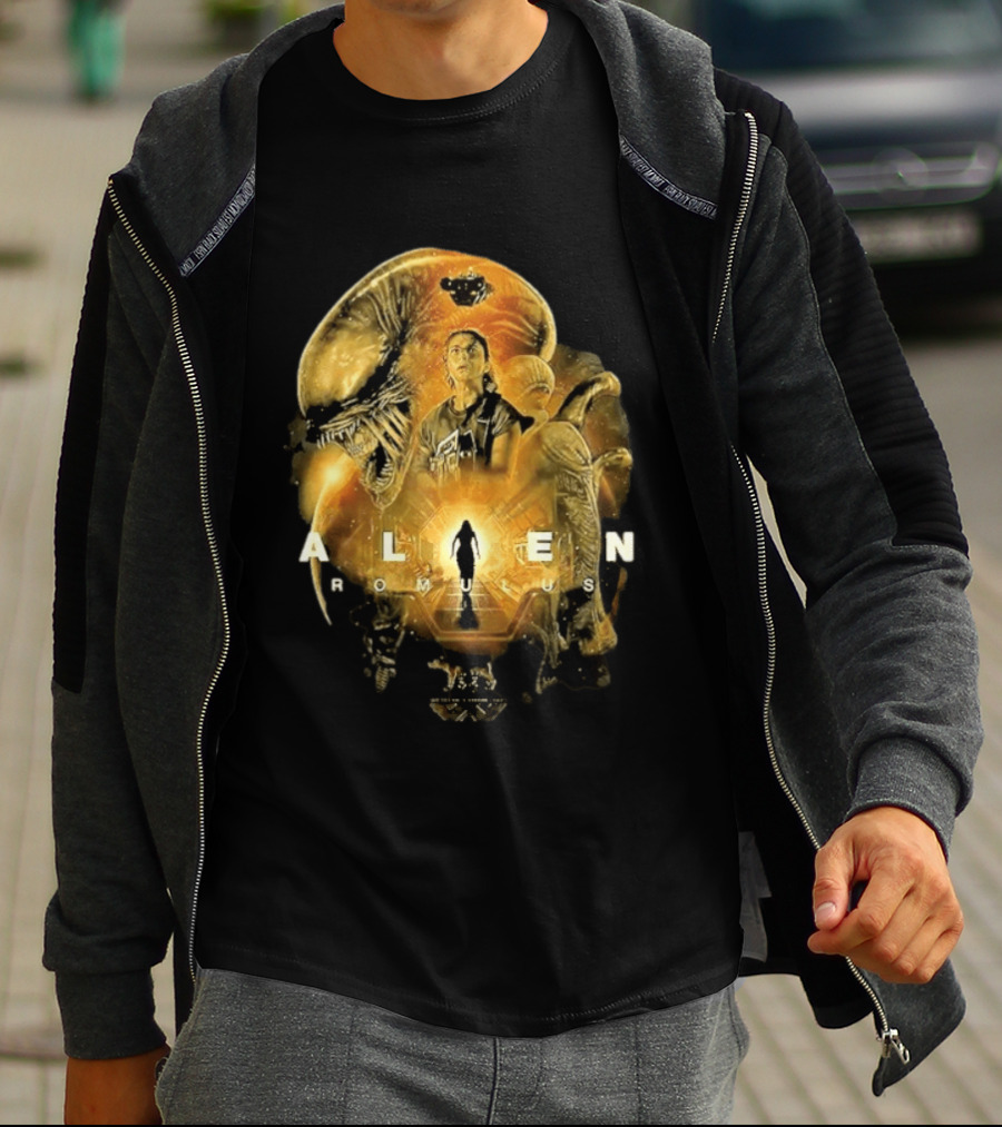 Alien Romulus Xenomorph Collage With Character And Spaceship T-Shirt