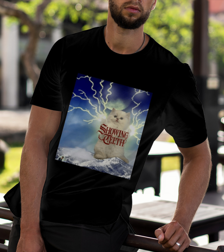 Showing Teeth Cat With Lightning Background In Blue Sky T-Shirt
