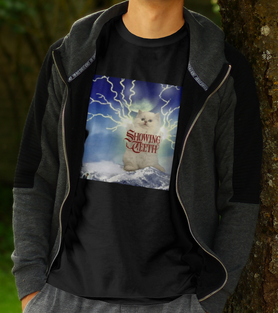 Showing Teeth Cat With Lightning Background In Blue Sky T-Shirt