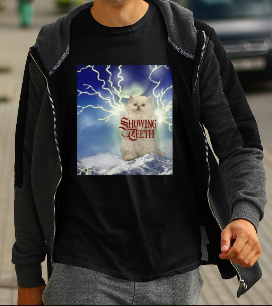 Showing Teeth Cat With Lightning Background In Blue Sky T-Shirt
