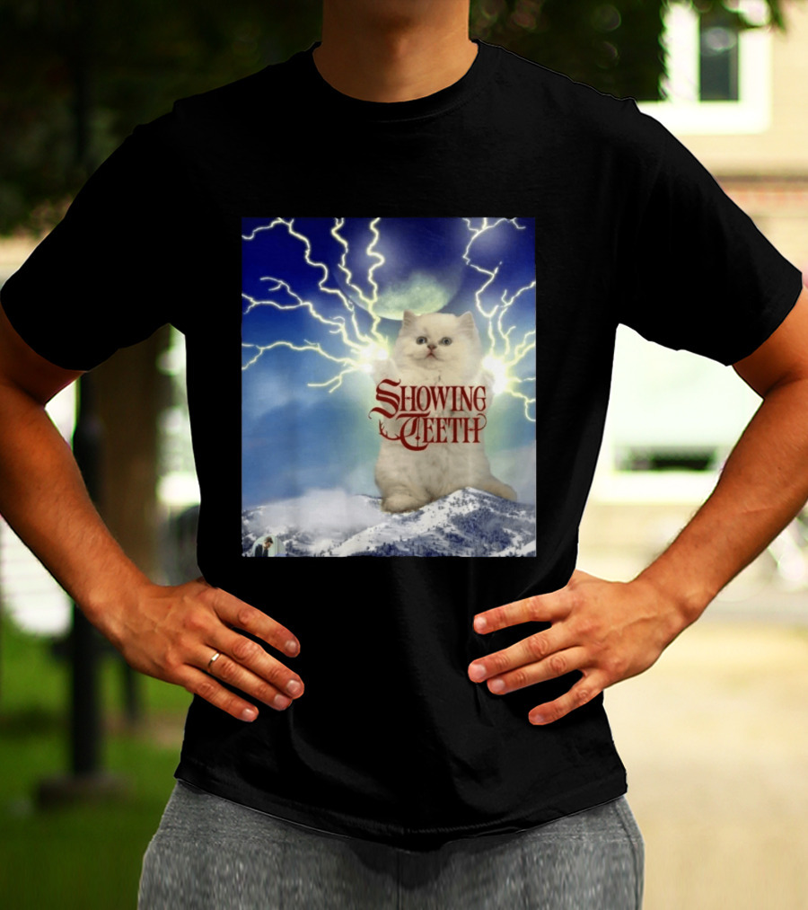 Showing Teeth Cat With Lightning Background In Blue Sky T-Shirt
