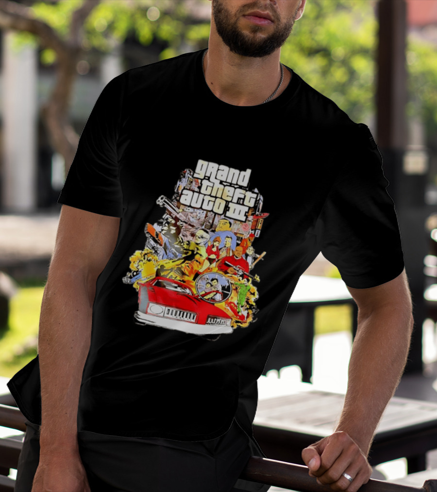 Grand Theft Auto III Characters Action Collage With Iconic Red Car T-Shirt