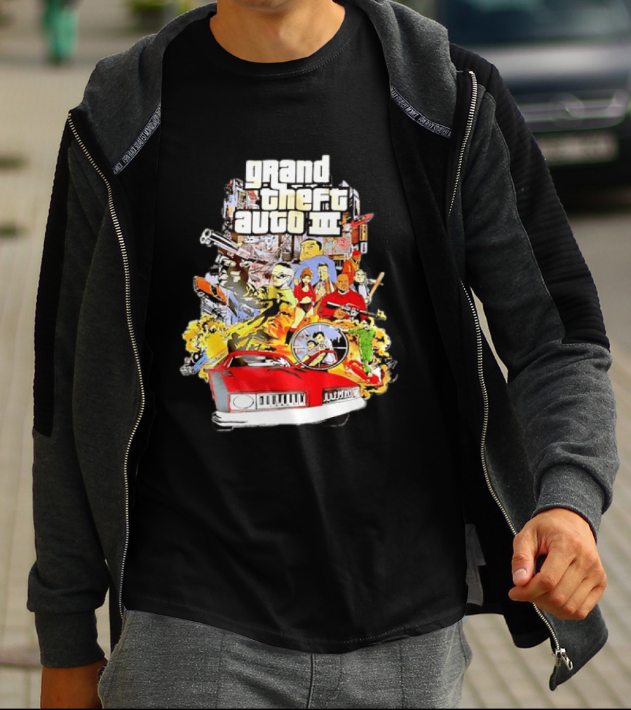 Grand Theft Auto III Characters Action Collage With Iconic Red Car T-Shirt