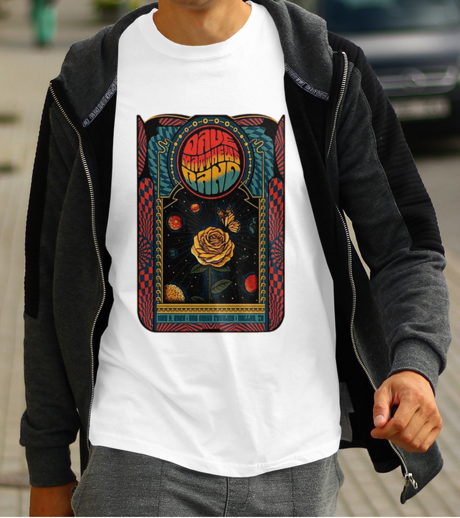 Dave Matthews Band May 9 2026 Dos Equis Pavilion Dallas TX Retro Psychedelic Butterfly Rose Planet T-Shirt