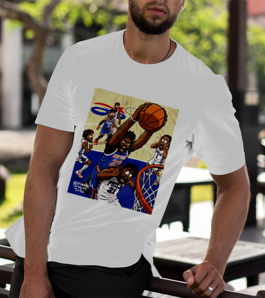 New York Knicks Mitchell Robinson Dunking On Philadelphia Joel Embiid Caricature 2026 Basketball Action T-Shirt