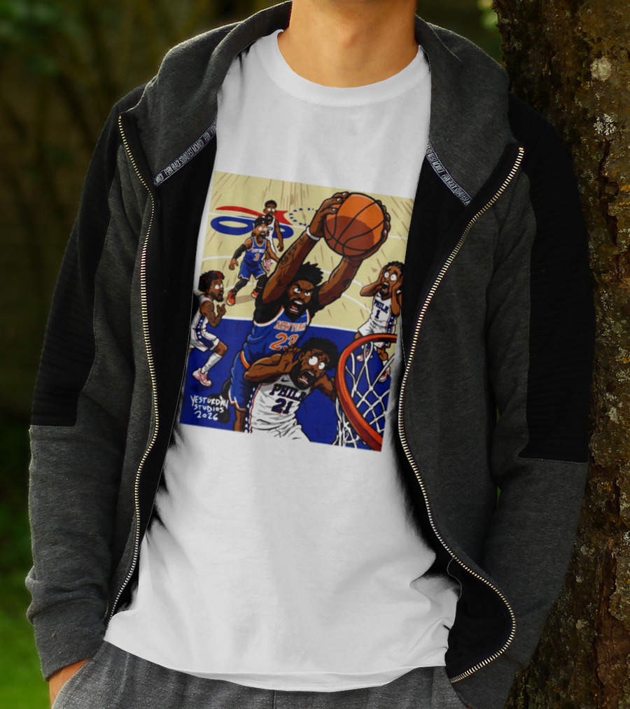 New York Knicks Mitchell Robinson Dunking On Philadelphia Joel Embiid Caricature 2026 Basketball Action T-Shirt
