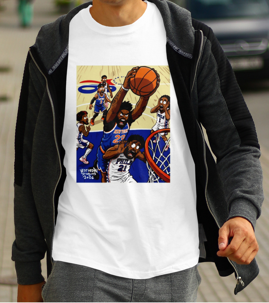 New York Knicks Mitchell Robinson Dunking On Philadelphia Joel Embiid Caricature 2026 Basketball Action T-Shirt