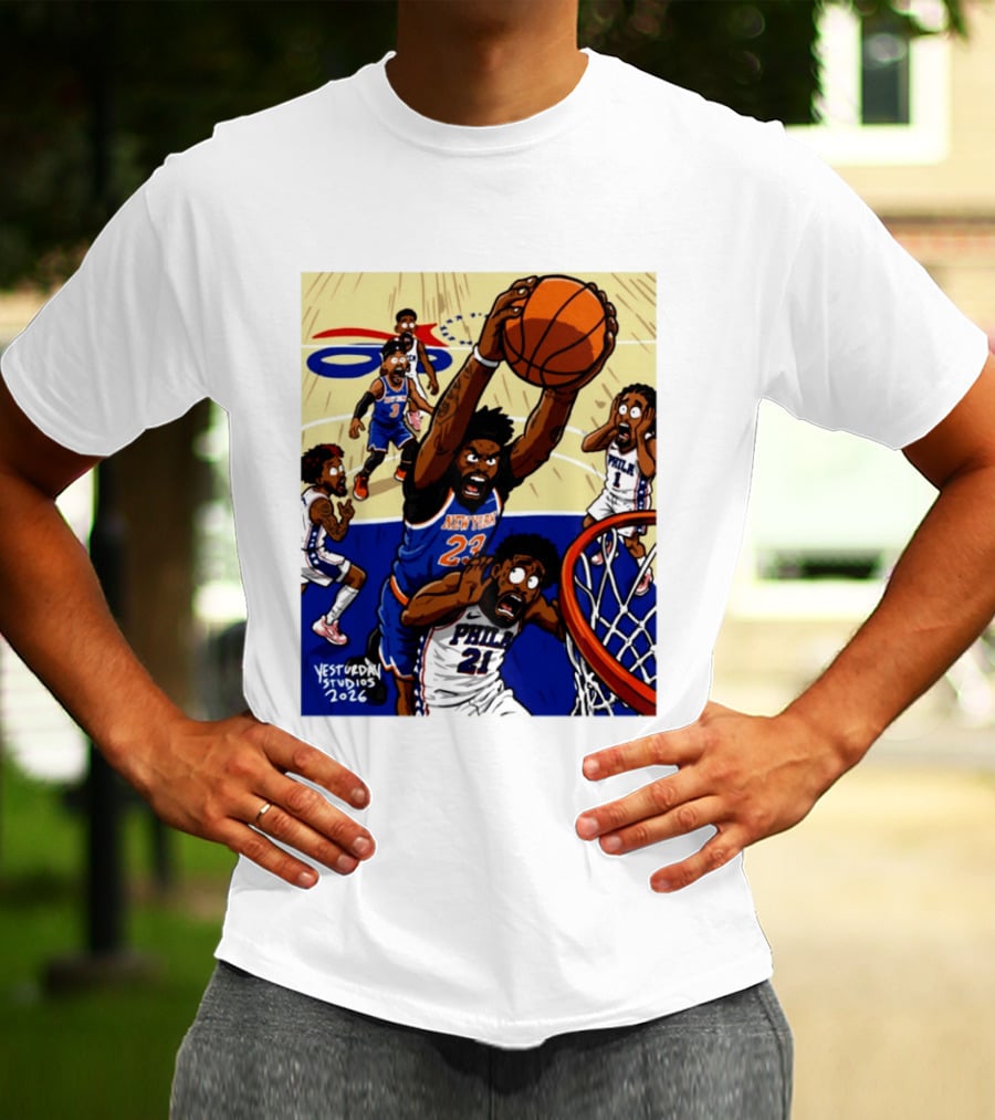 New York Knicks Mitchell Robinson Dunking On Philadelphia Joel Embiid Caricature 2026 Basketball Action T-Shirt