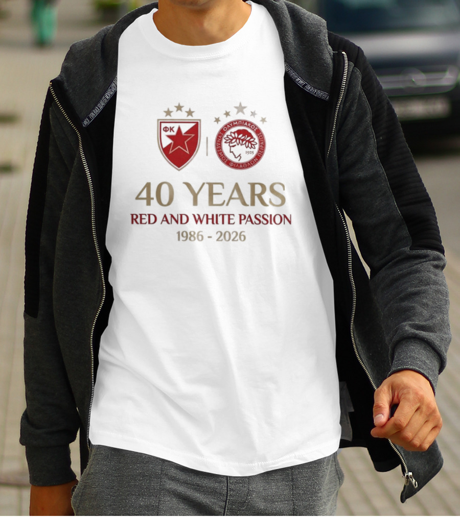 Olympiacos FC 40 Years Red And White Passion 1986 2026 T-Shirt