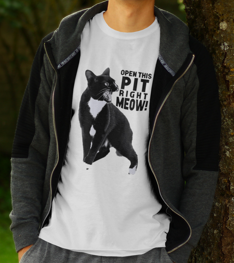 Open This Pit Right Meow Black And White Cat T-Shirt