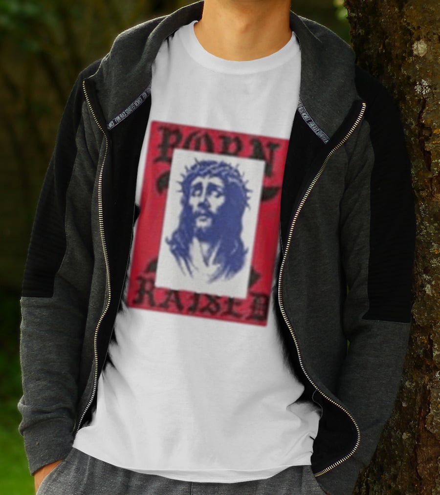 Born X Raised Salvation Jesus Crown Of Thorns Red Blue T-Shirt