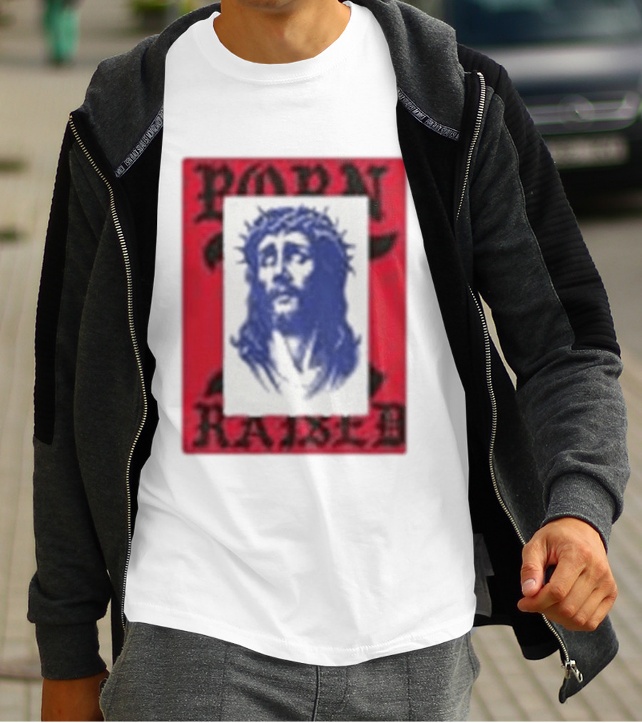Born X Raised Salvation Jesus Crown Of Thorns Red Blue T-Shirt