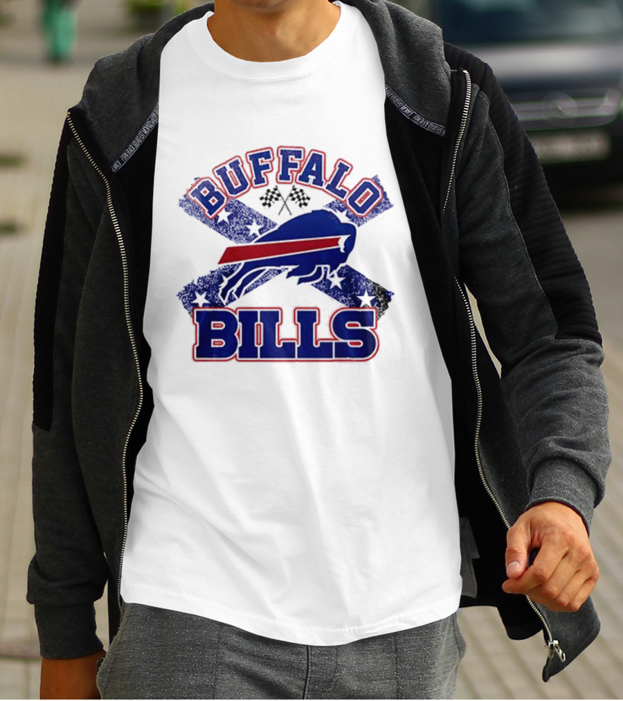 Buffalo Bills Caricature With Flag And Crossed Checkered Flags T-Shirt