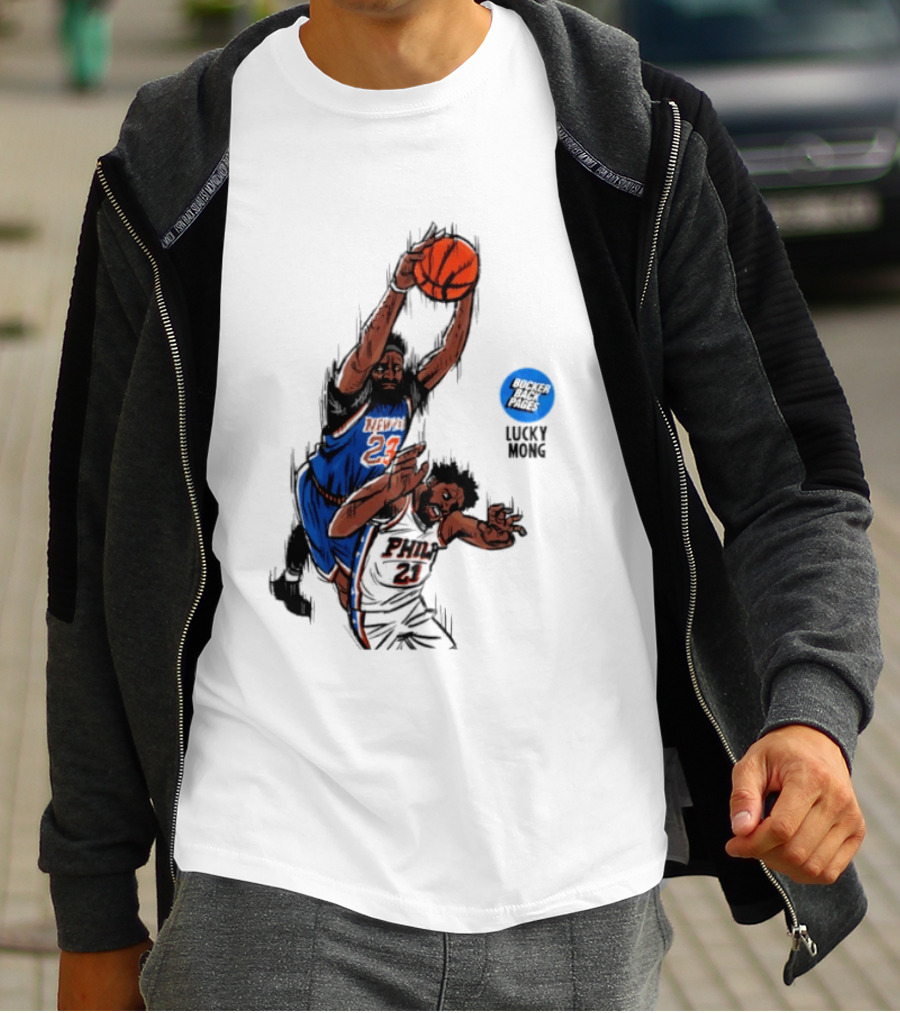 Knicks Vs 76ers Game 4 Iconic Moment Joel Embiid Mitchell Robinson NBA Matchup T-Shirt