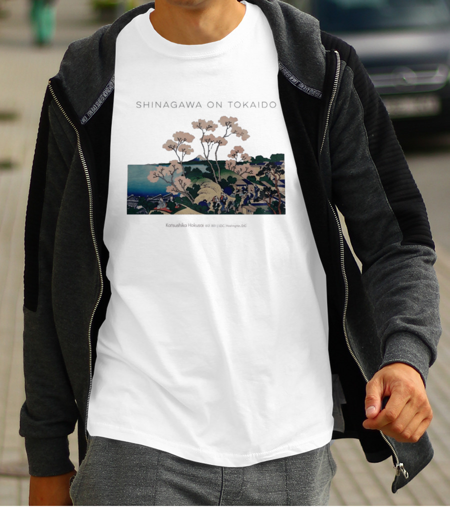 Shinagawa On Tokaido Katsushika Hokusai Cherry Blossoms And Travelers In Edo Period Japan T-Shirt