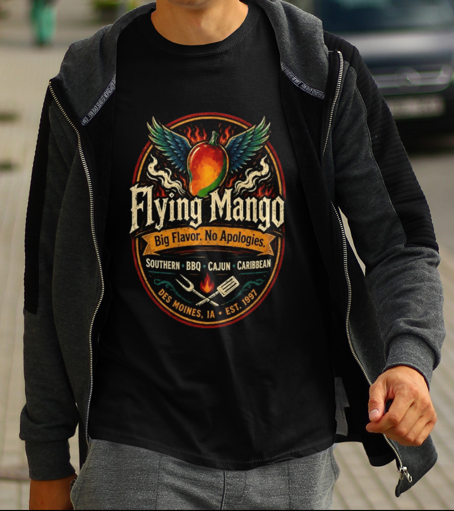 Flying Mango Southern BBQ Cajun Caribbean Des Moines IA Est 1997 T-Shirt