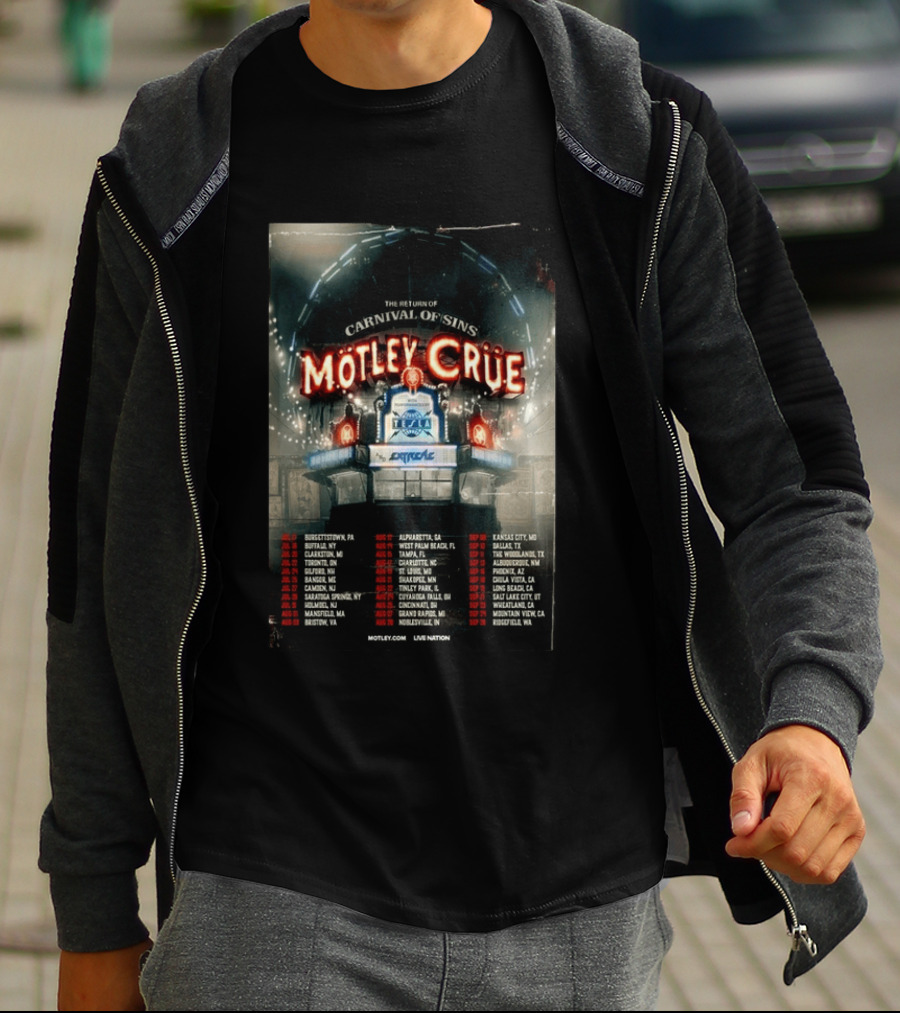 Motley Crue Carnival Of Sins Tour 2026 Featuring Tesla Dates And Locations T-Shirt