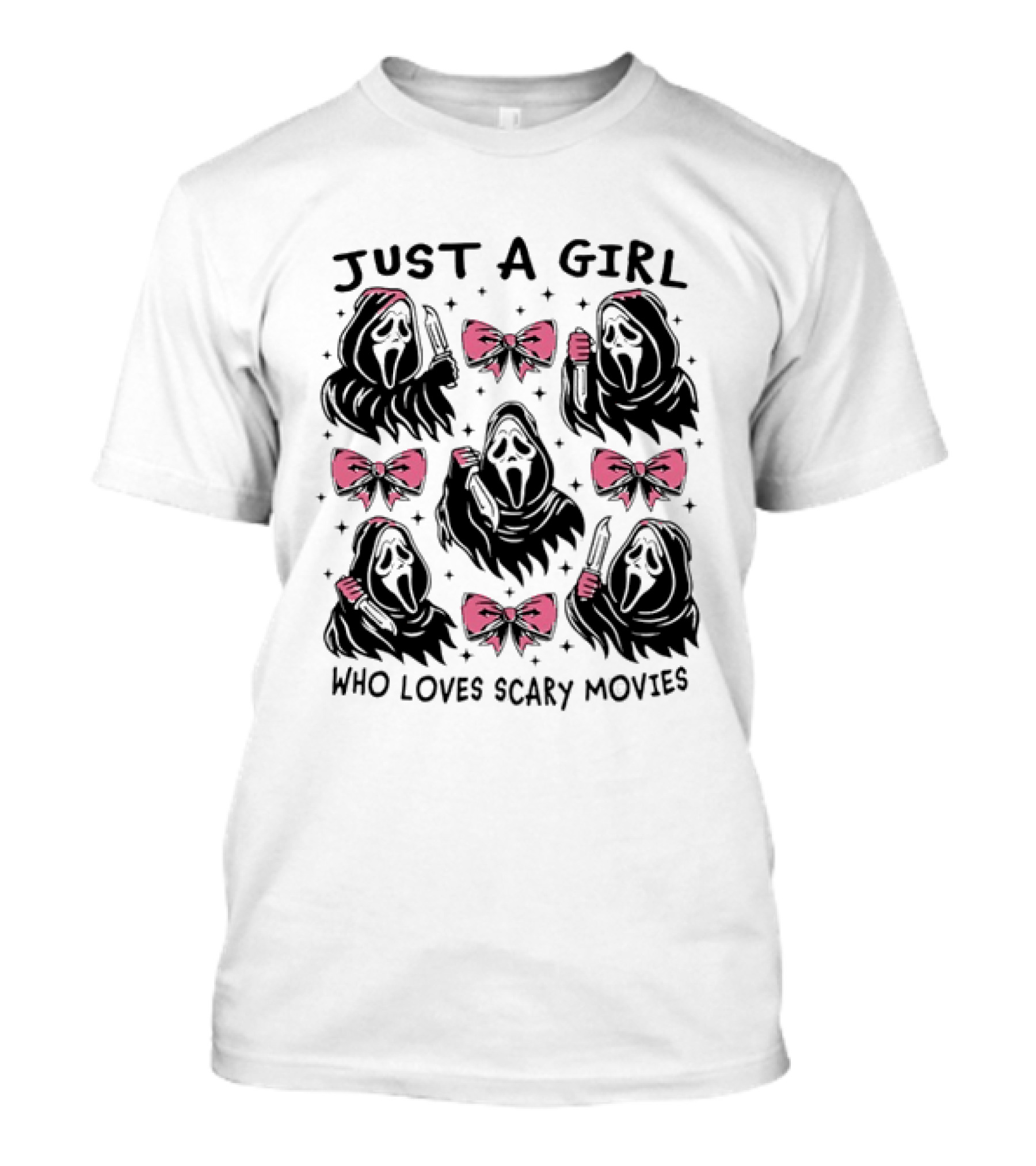 Just A Girl Who Loves Scary Movies Ghost Face Pink Bow T-Shirt