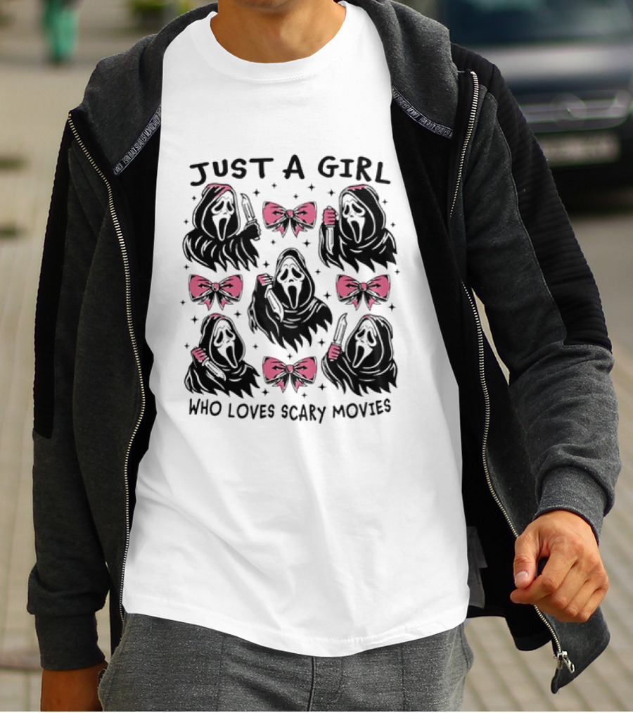 Just A Girl Who Loves Scary Movies Ghost Face Pink Bow T-Shirt