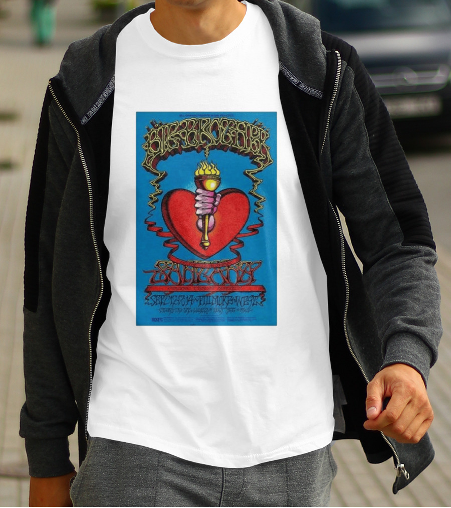 Big Brother The Holding Company Blue Background Red Heart And Torch Iconic Psychedelic T-Shirt