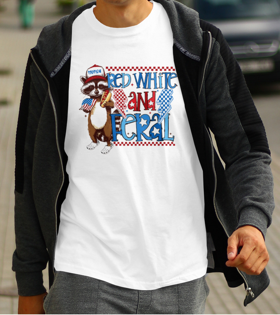 Red White And Feral Raccoon Hot Dog Patriotic 4th Of July Celebration T-Shirt