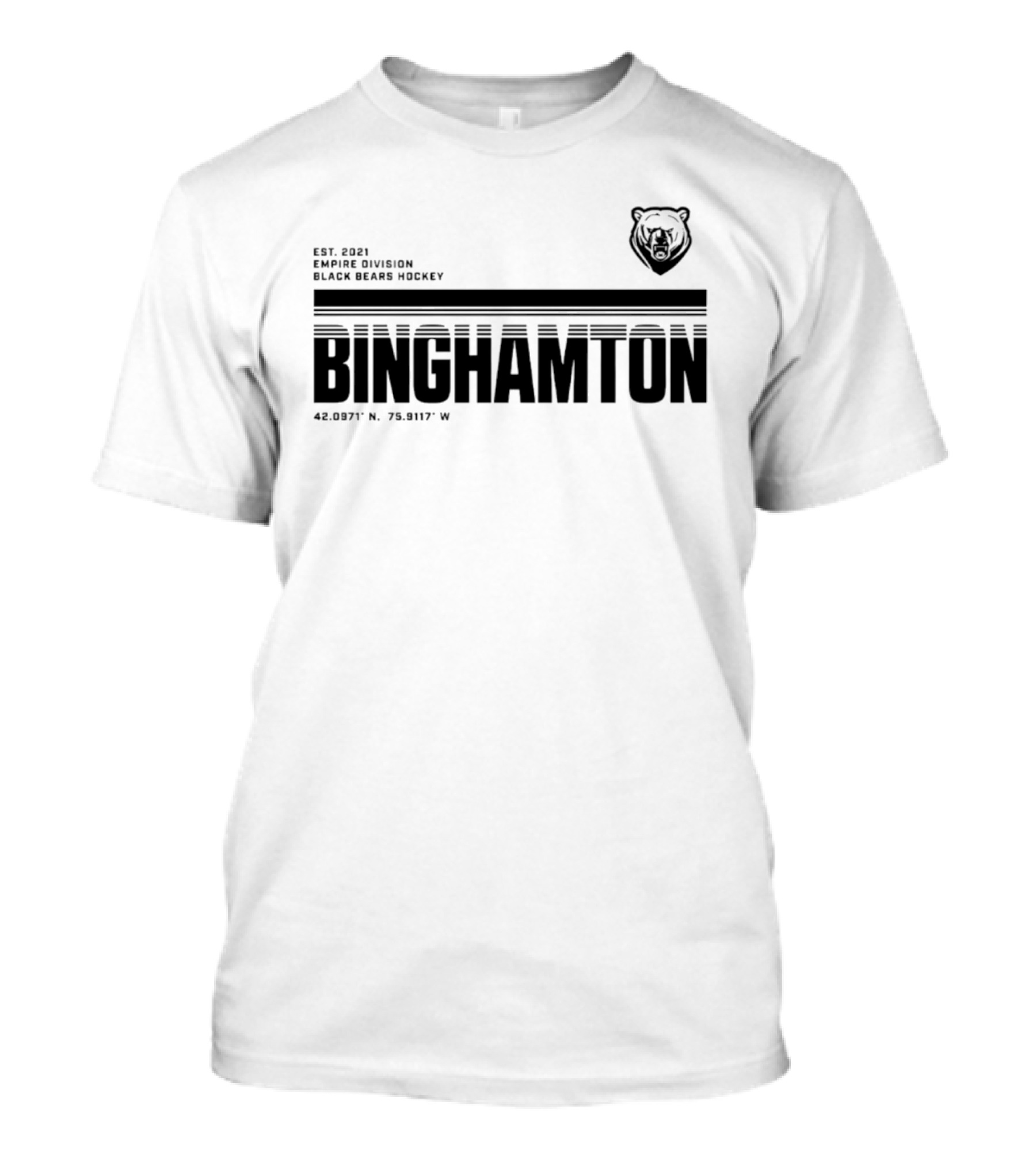 Binghamton Empire Division Black Bears Hockey Est. 2021 Coordinates 42.0987° N, 75.9117° W T-Shirt