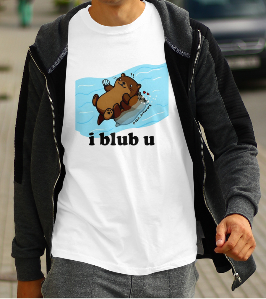 Cute Sea Otters I Blub U Love With Hearts And Shells T-Shirt