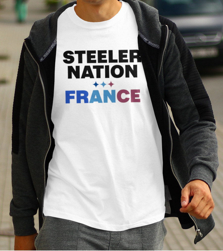 STEELERS NATION FRANCE Black Text Blue White Red Team T-Shirt