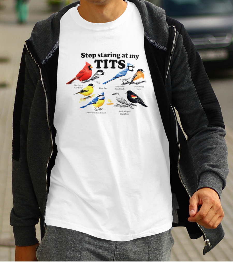 Stop Staring At My Tits Northern Cardinal Blue Jay American Goldfinch Mourning Dove Red Winged Blackbird T-Shirt