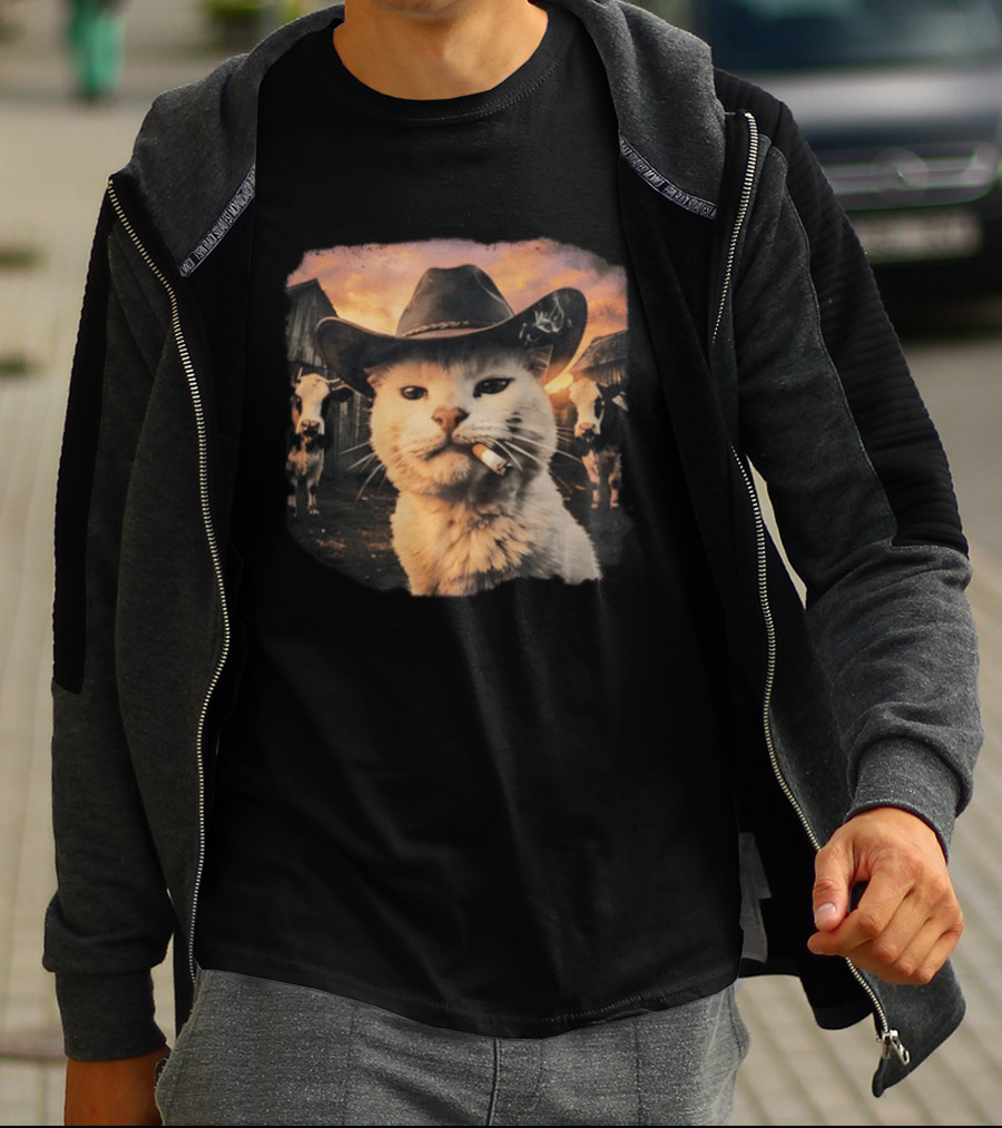 Cowboy Cat Smoking Cigarette In Rustic Barnyard Scene With Cows T-Shirt