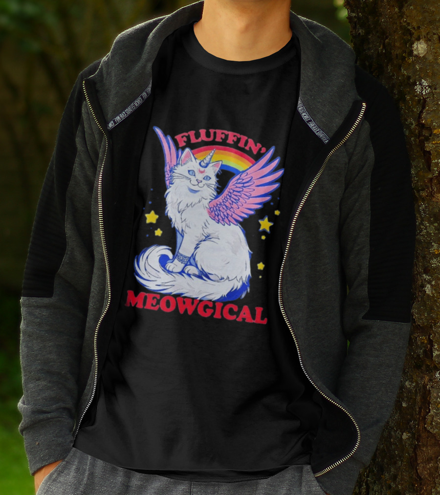 Fluffin' Meowgical Winged Unicorn Cat Rainbow Stars T-Shirt