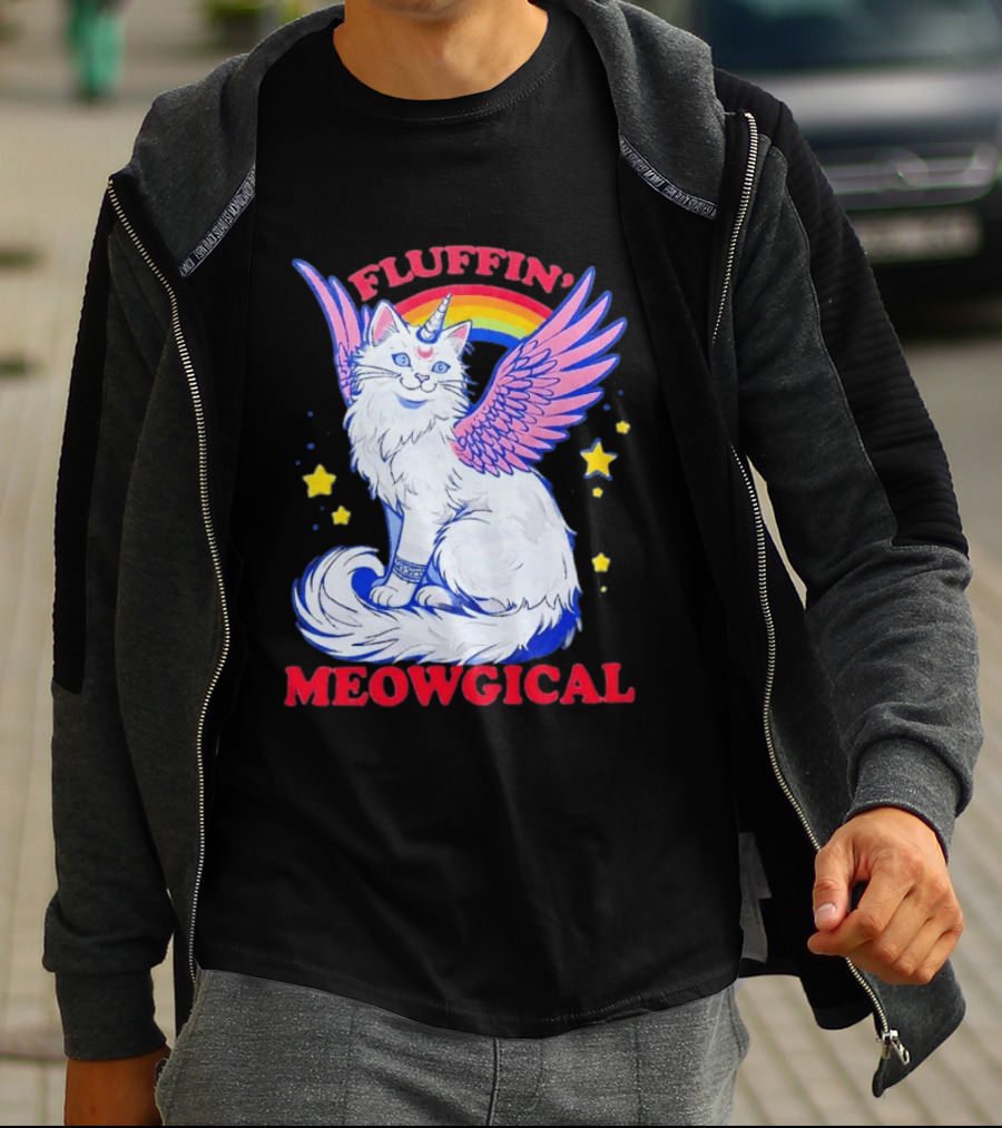 Fluffin' Meowgical Winged Unicorn Cat Rainbow Stars T-Shirt