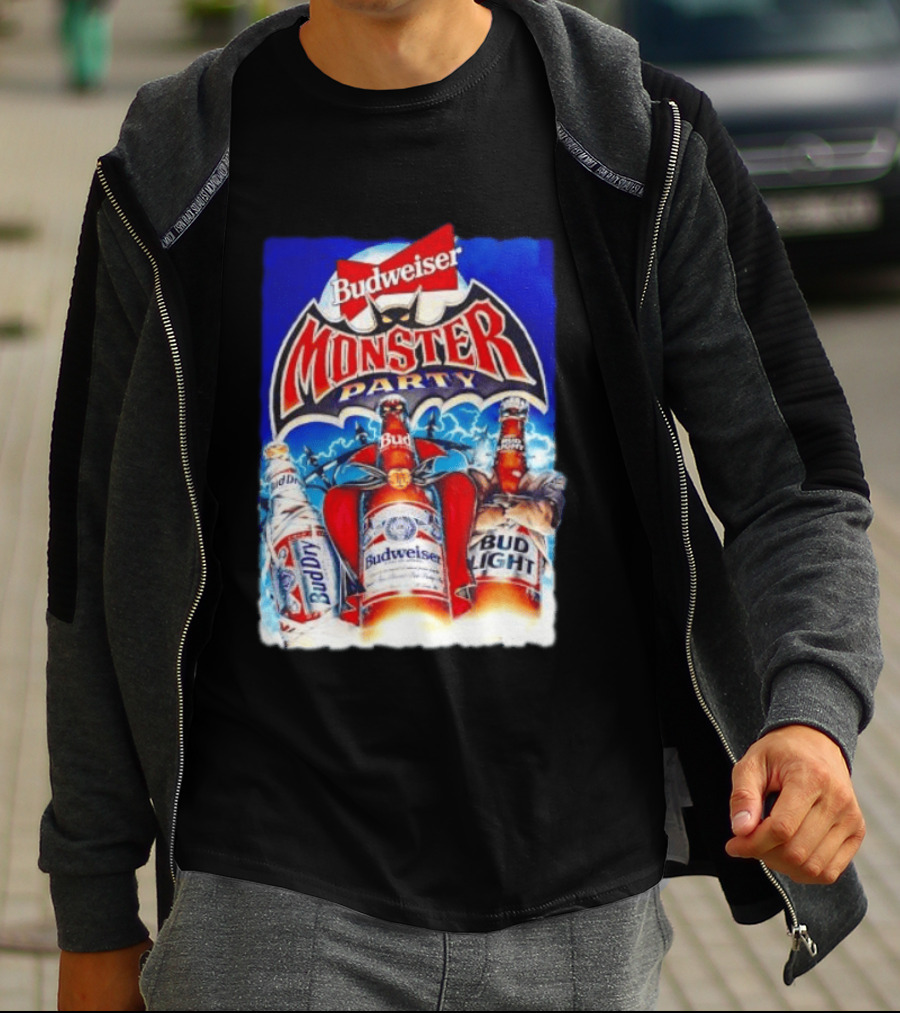 Budweiser Monster Party Bud Dry Bud Light Bottles Halloween Celebration T-Shirt