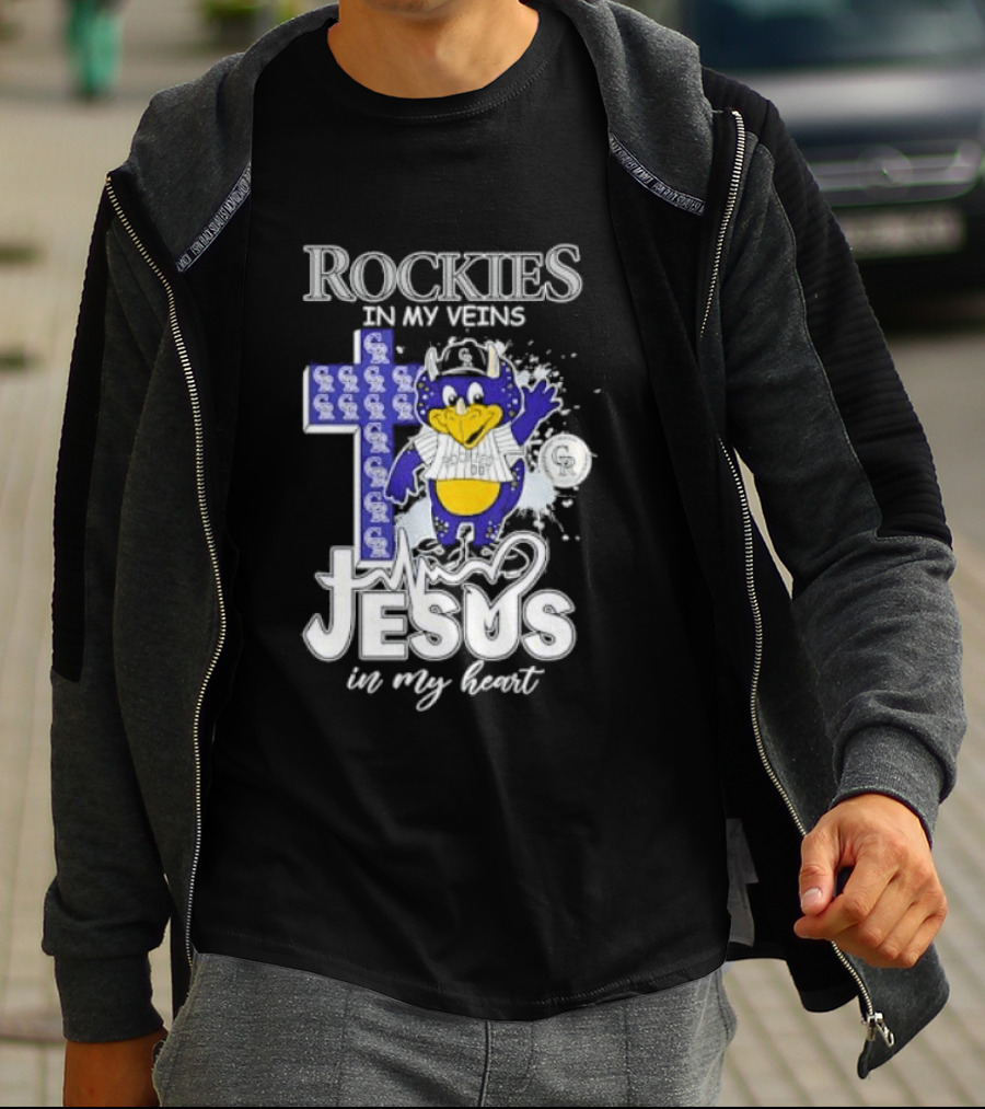 Colorado Rockies Baseball In My Veins Jesus In My Heart Cross Christian Rockies T-Shirt