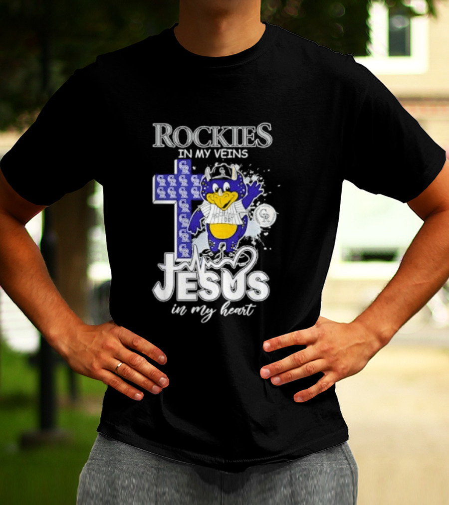 Colorado Rockies Baseball In My Veins Jesus In My Heart Cross Christian Rockies T-Shirt