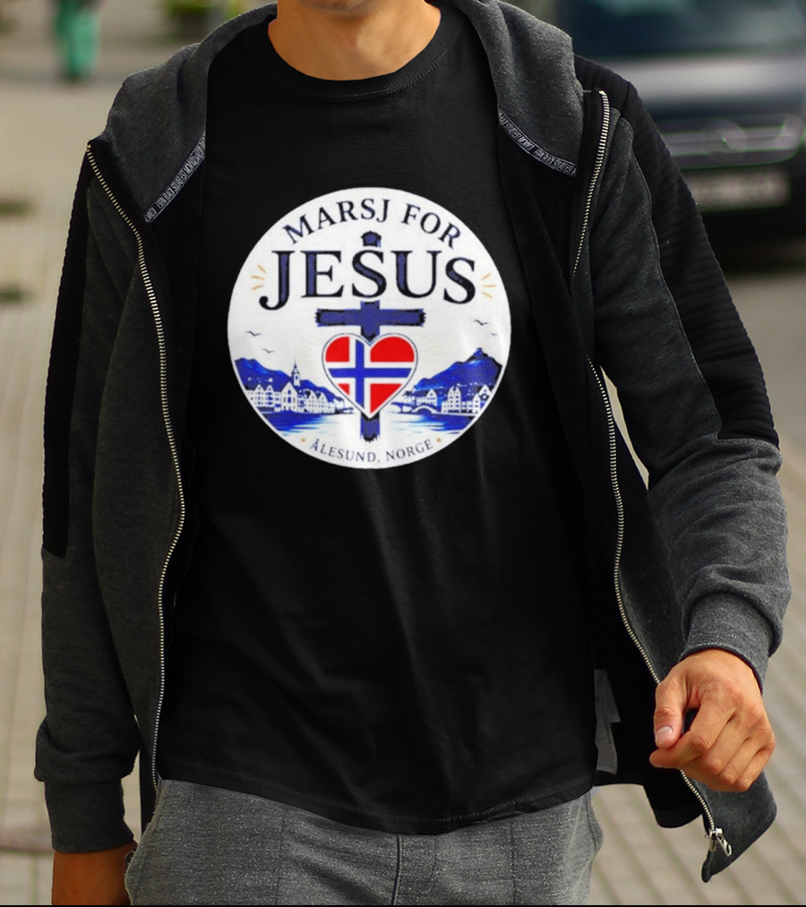 Marsj For Jesus Ålesund Norge Heart And Cross With Norwegian Flag T-Shirt