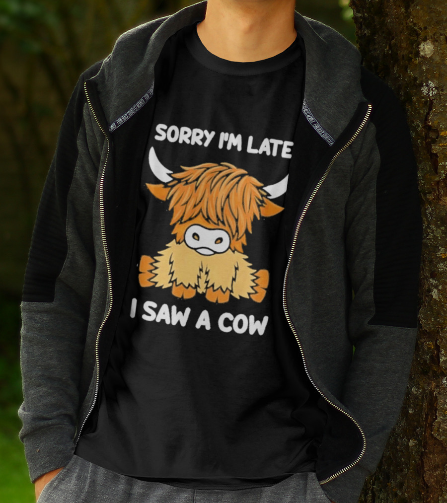 Sorry I'm Late I Saw A Cow Cute Highland Cow Drawing T-Shirt