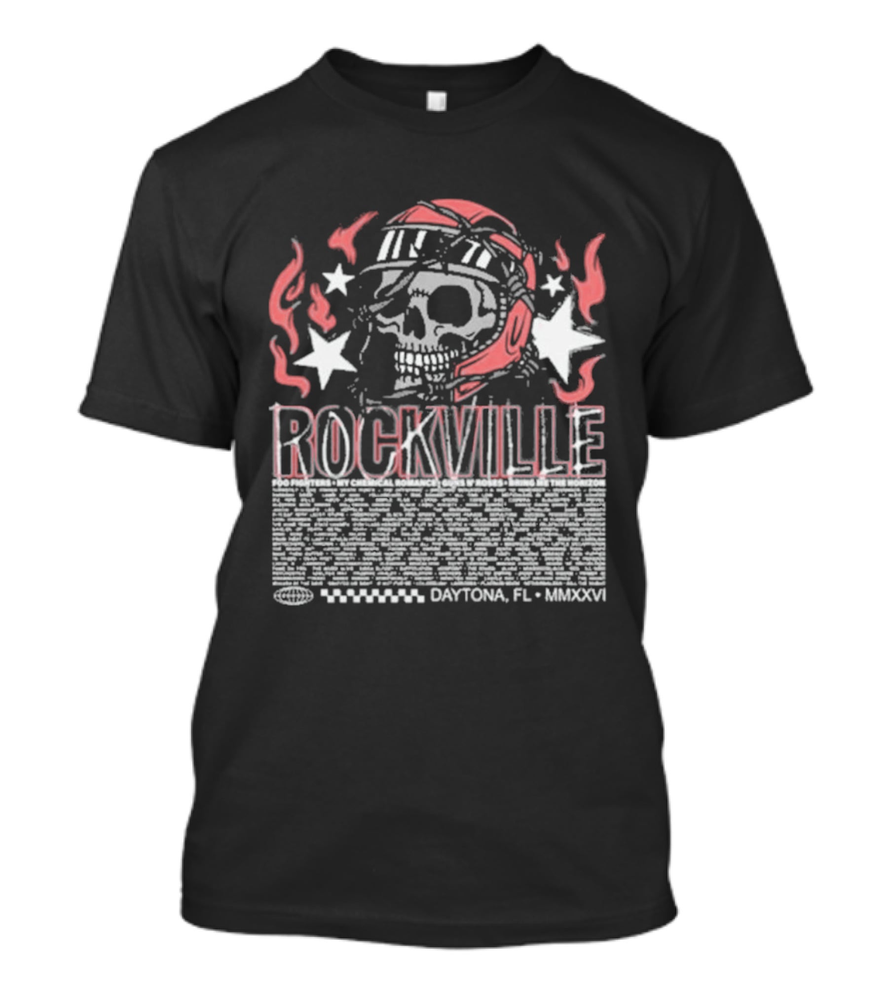 Welcome To Rockville 2026 Daytona Beach Florida Barbed Helmet Skull Lineup T-Shirt