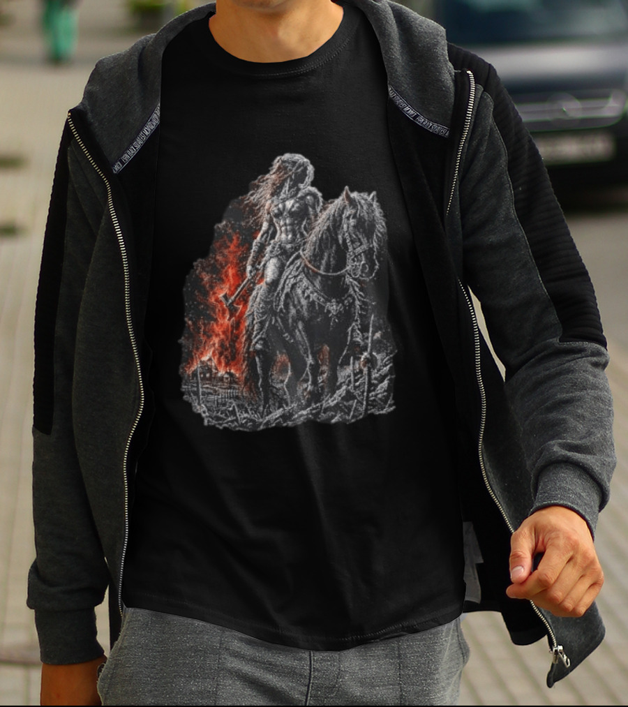Barbarian Woman Dark Fantasy Warrior On Horseback With Axe And Fire T-Shirt